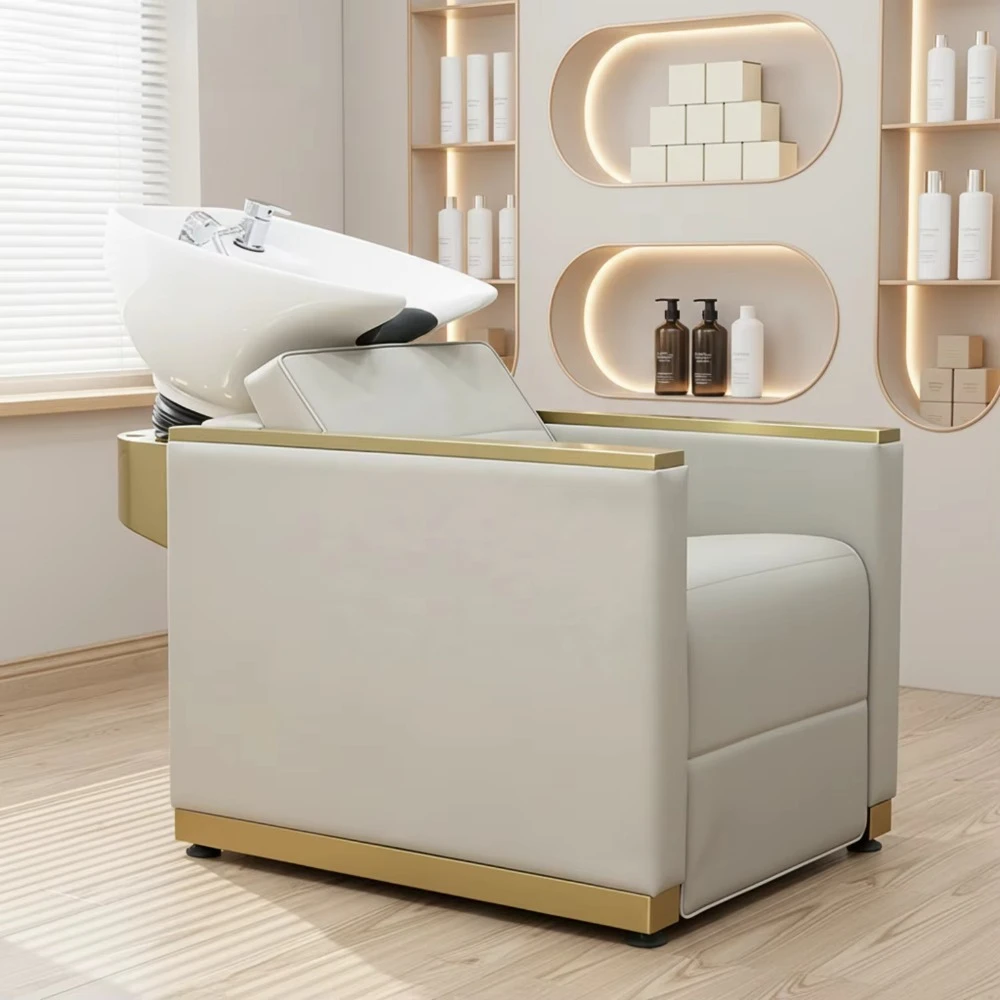 Professionalism Beige Leather Hair Salon Furniture Shampoo Bed Barber Shop Massage Washing Basin Bowl Shampoo Chair