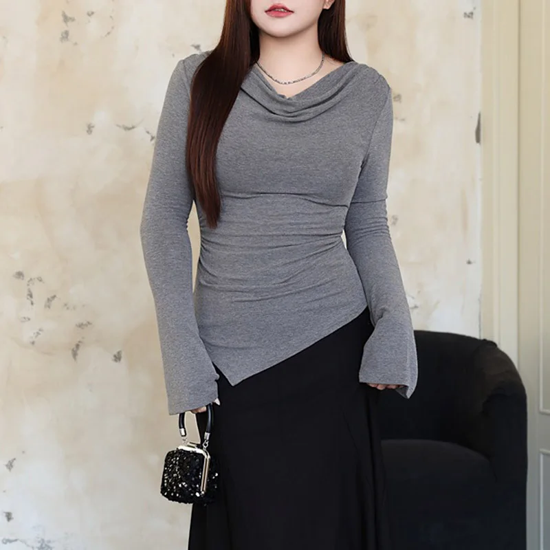 Autumn 2024 Good Quality Minimalist American Slim Sexy Off Shoulder Top Swing Collar Fold Long Sleeve T-Shirt Women