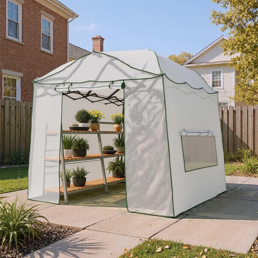 

8.5 x 7 FT Walk-in Greenhouse, Portable Pop-up Green House 3 Adjustable Hights Heavy Duty Plant Gardening Canopy with Durable PE