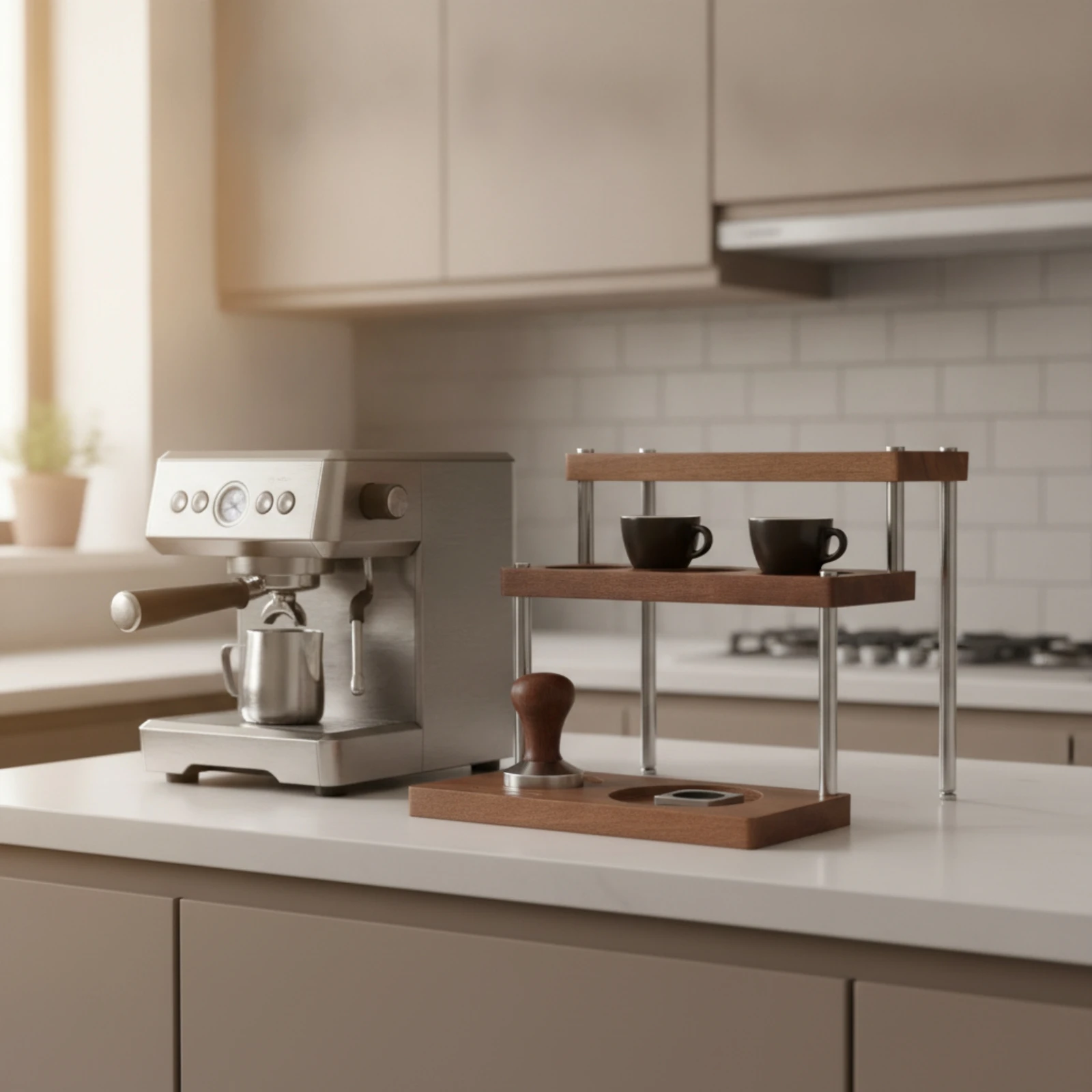 Espresso Tamping Stand Three-Tier Espresso Organizer with Tool Slots Coffee Tool Holder Wooden Coffee Tamper Holder Countertop