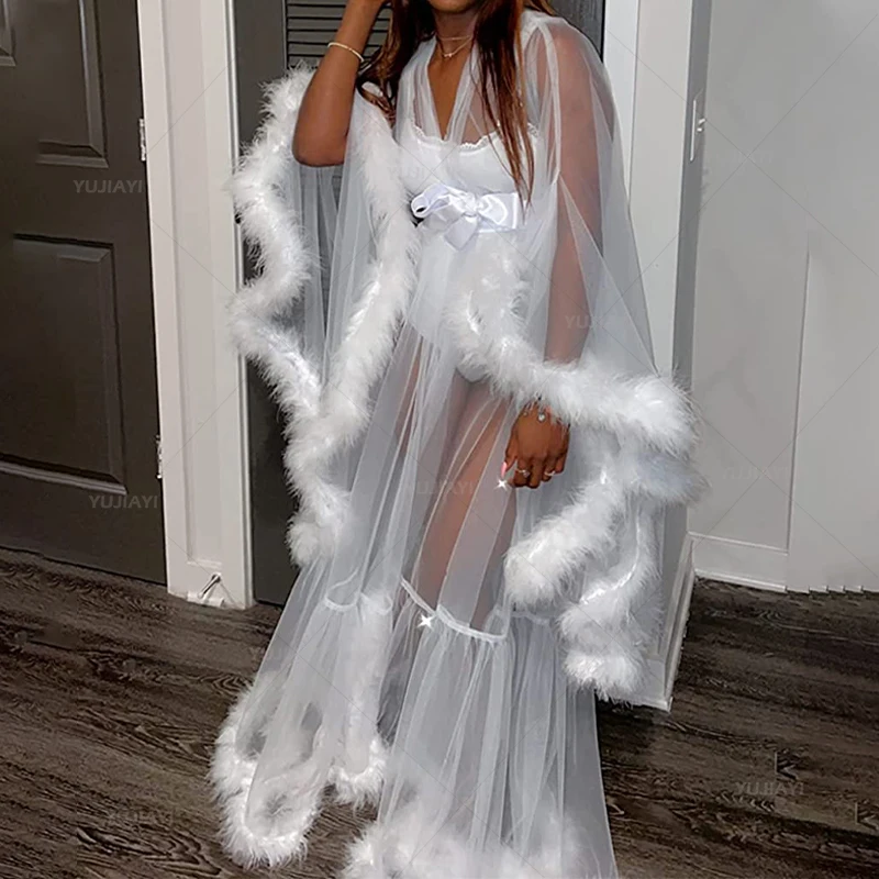 Womens Fur Robe Kimono Pregnant Sexy Feather Bathrobe Tulle Sheer Nightgown Wedding Prom Party Gown Bridal Sleepwear Photography