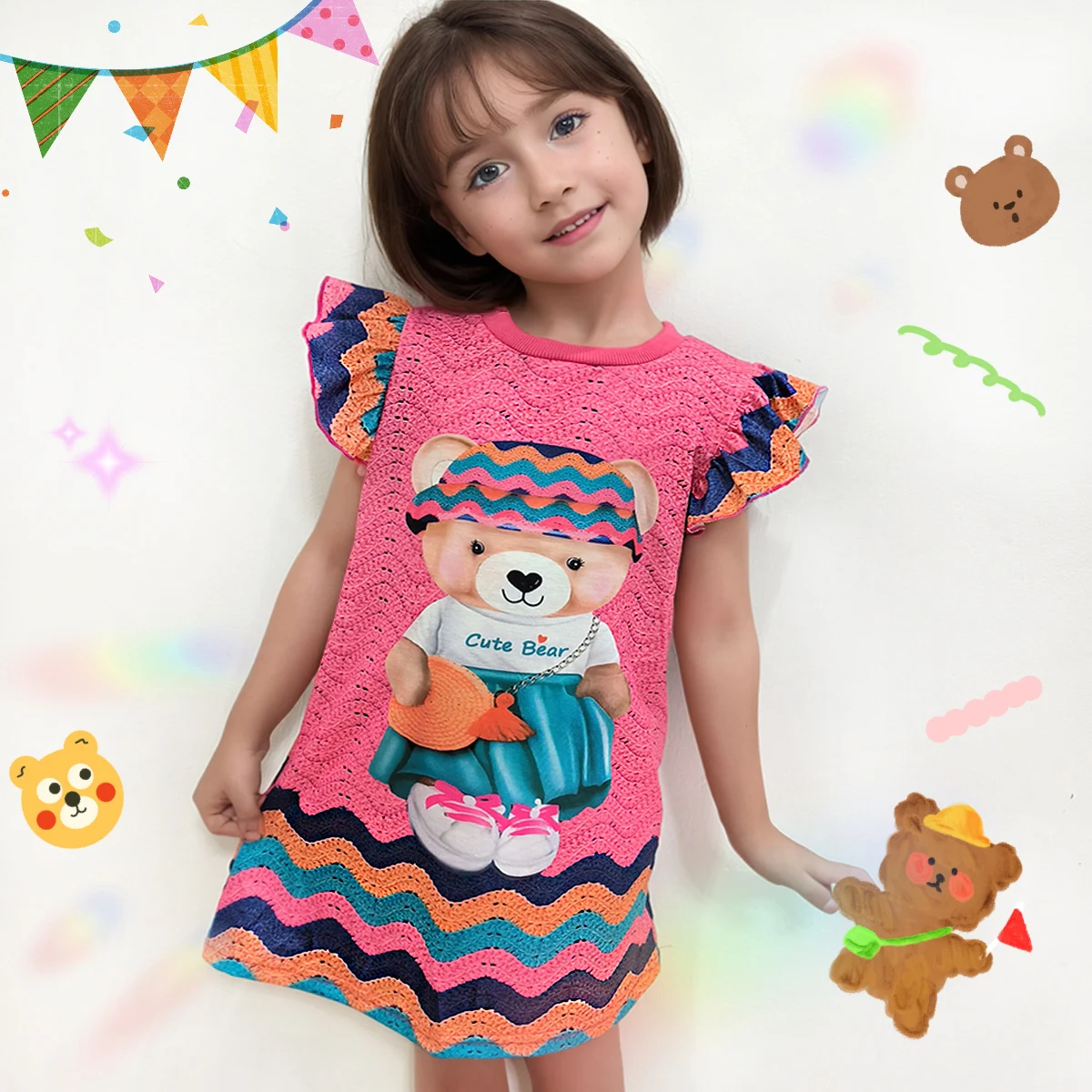 New Summer Cute Girl Dresses Cartoon Bear Print Flying Sleeve Knit Texture Princess Dresses For Holiday Casual Outings 1-8 Years