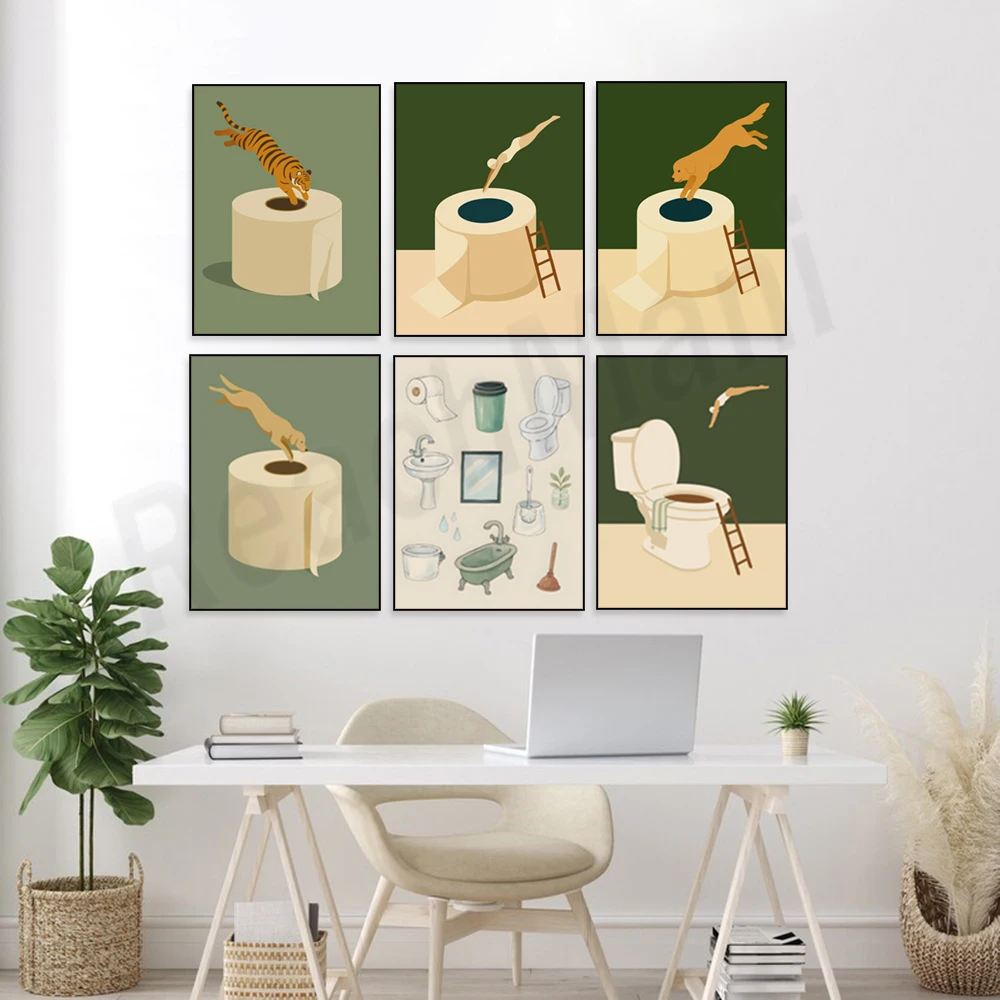 Mini Golden Retriever, Tiger, and Cat Toilet Diving Graphic: Fun Animal Swimming Bathroom Wall Poster; Dog Toilet Decor