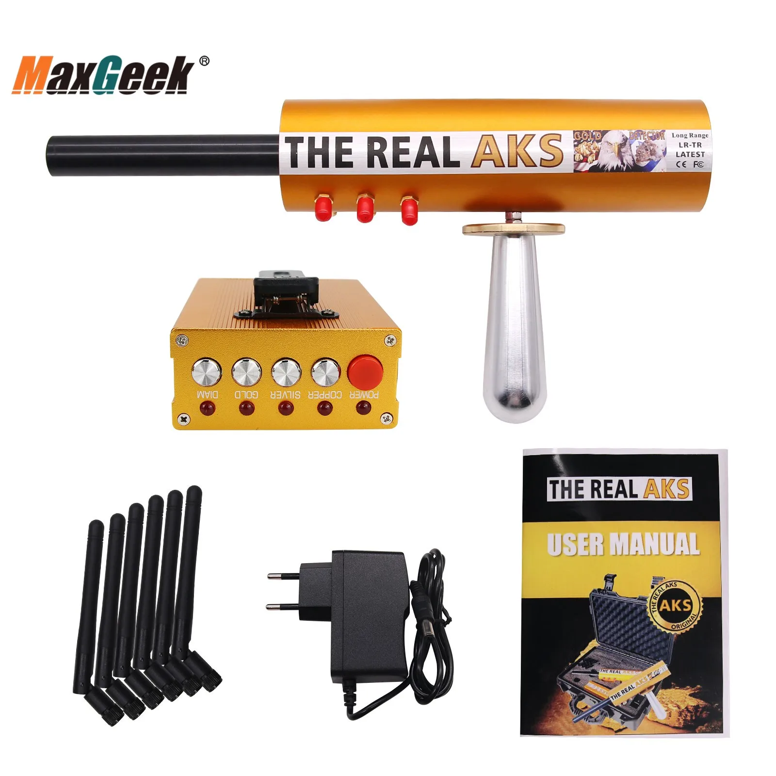 Maxgeek The Real AKS Long Range Professional Metal Detector 6 Antennas Underground Gold Detector Search Range 1200M Depth 14M