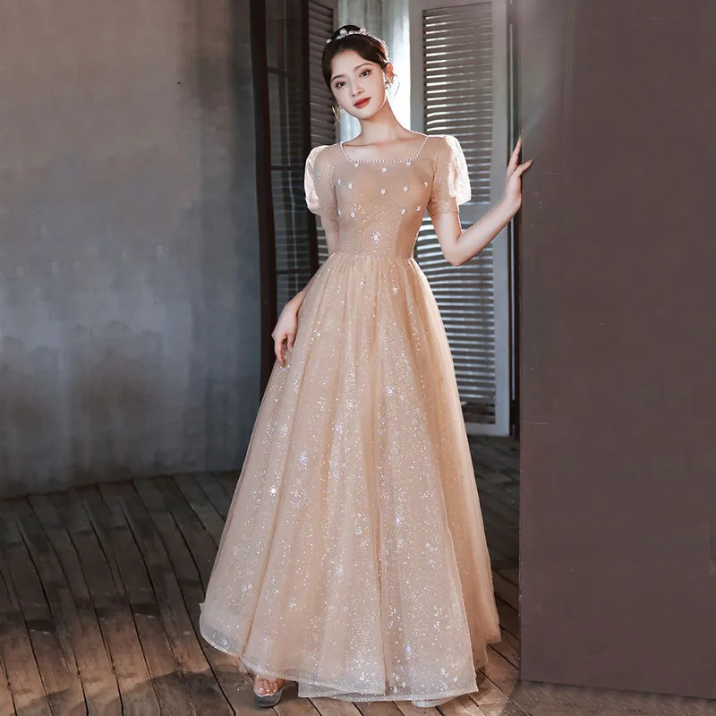 DongCMY Luxury French Evening Dress Female Niche Light Party Temperament Champagne Bridesmaid Dress Student Bar Mitzvah Gown