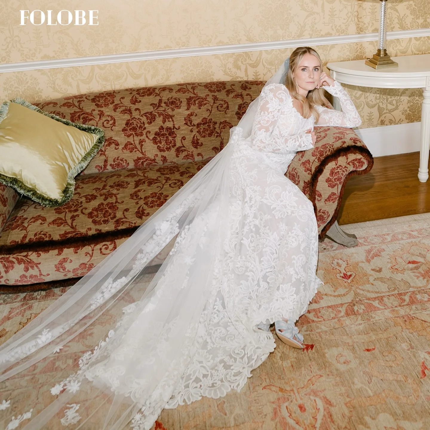 FOLOBE robe de mariée exquise Applique manches longues sirène robe de bal balayage Train robe de mariée vestidos de noche personnalisé