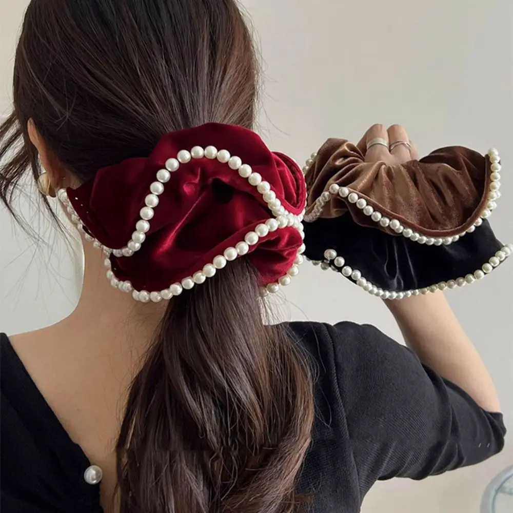 Scrunchies de terciopelo francés con perlas Vintage, cuerda para el cabello, diadema de colon grueso, Anillo para el cabello de temperamento Simple,