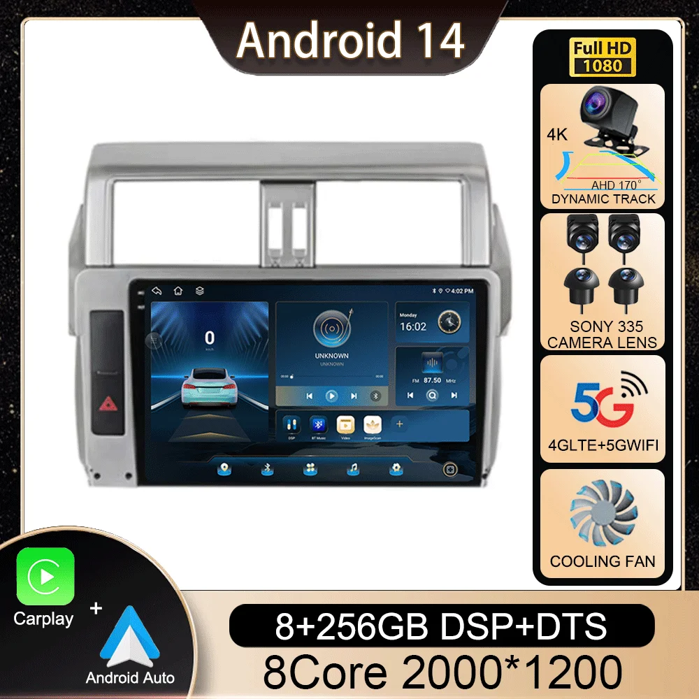 

Android 14 Carplay For Toyota Land Cruiser Prado 150 2013-2017 Car Radio Multimedia Video Player Stereo GPS 360 Camera Head Unit