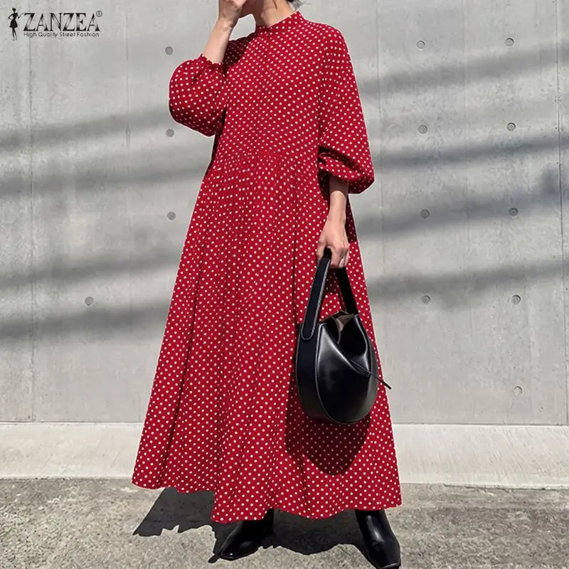 ZANZEA Elegant Autumn Polka Dot Maxi Dress Women 3/4 Lantern Sleeve A-Line Dresses Stylish Pleated Work Holiday Robe Oversize