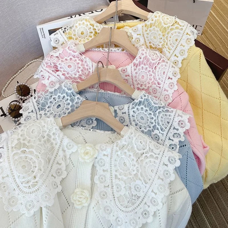 Korejpaa 2024 Lace Peter Pan Collar Sweater Cardigans Women Spring Sweet Knitted Sweaters Outwear Korean Fashion Gentle Top