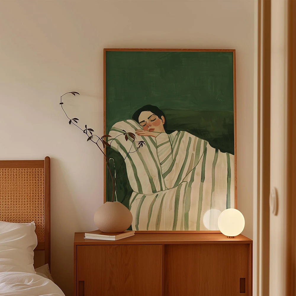 Emerald Green Abstract Stripe Woman Sleeping Poster Modern Minimalist Female Canvas Painting Wall Art Picture Living Room  Decor