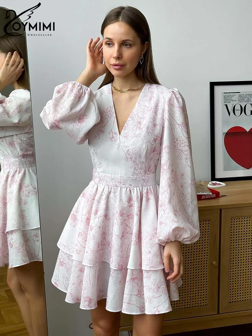 Oymimi Fashion Light Pink Print Womens Dresses Casual V-Neck Long Sleeve Dresses Autumn High Waisted Pleated Mini Dress Female