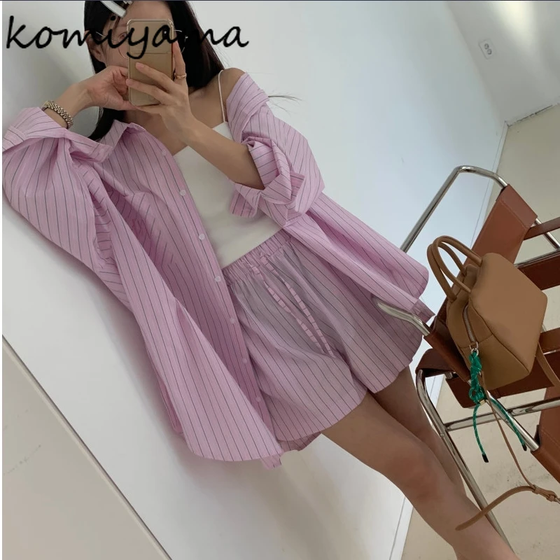 Spring Summer New Loose Stripe Suit Laple Neck Long Sleeve Shirts & Blouses +high Waist Ropa Mujer 2024 Woman Lazy Style Sets