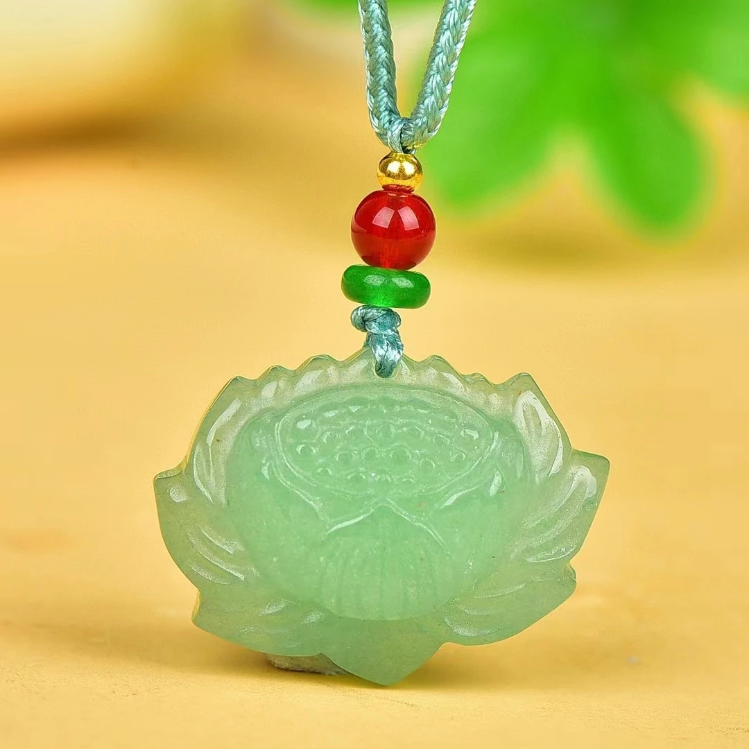 Colgante de Jade de Aventurina para hombres y mujeres, collar de piedra verde Natural, amuleto de loto puro, joyería fina, dijes de Mascota