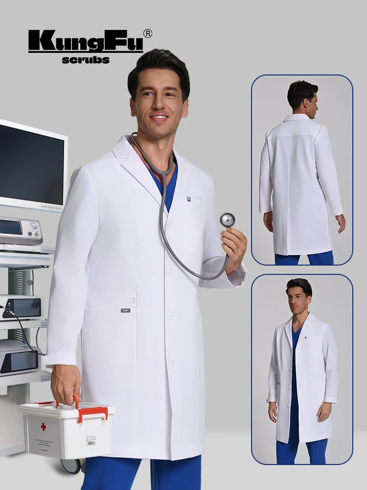 Camice Medico KUNGFU SCRUBS per Uomo, Camici da Laboratorio a Maniche Lunghe, Abbigliamento da Lavoro Medico Monopetto per Laboratori, Ospedali e Cliniche