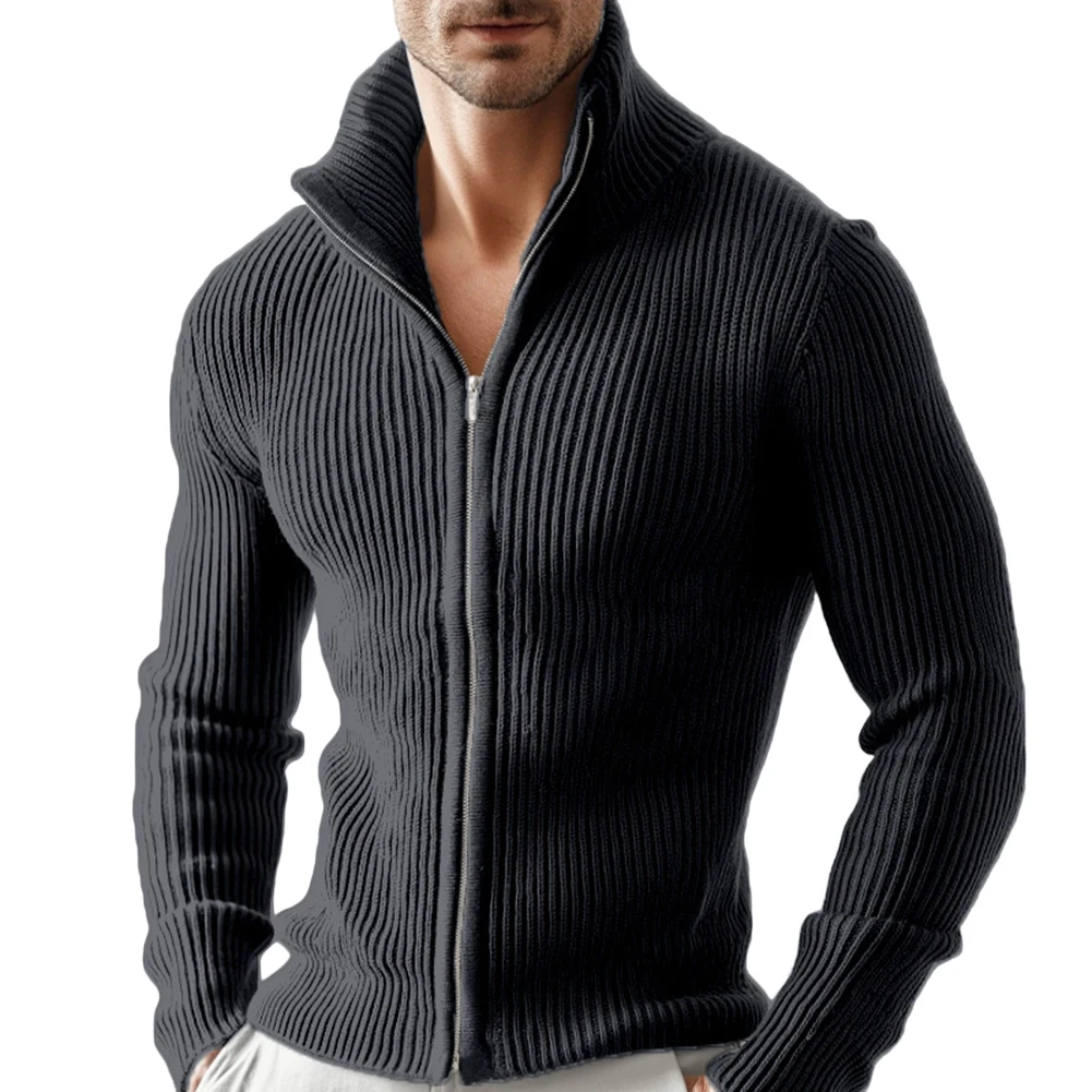 Men Full Zip Stand Collar Cardigan Sweater Knitted Thick Warm Outerwear Jacket for Daily Casual and Outdoor Wear in Cold Weather