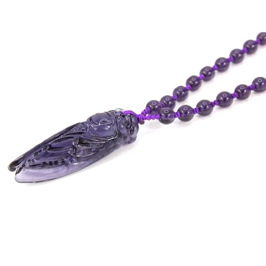 KFT Natural Amethyst Crystal Quartz Carved Harvest Fly Cicada Pendant Round Beads Adjustable Chain Necklace Women Men Jewelry