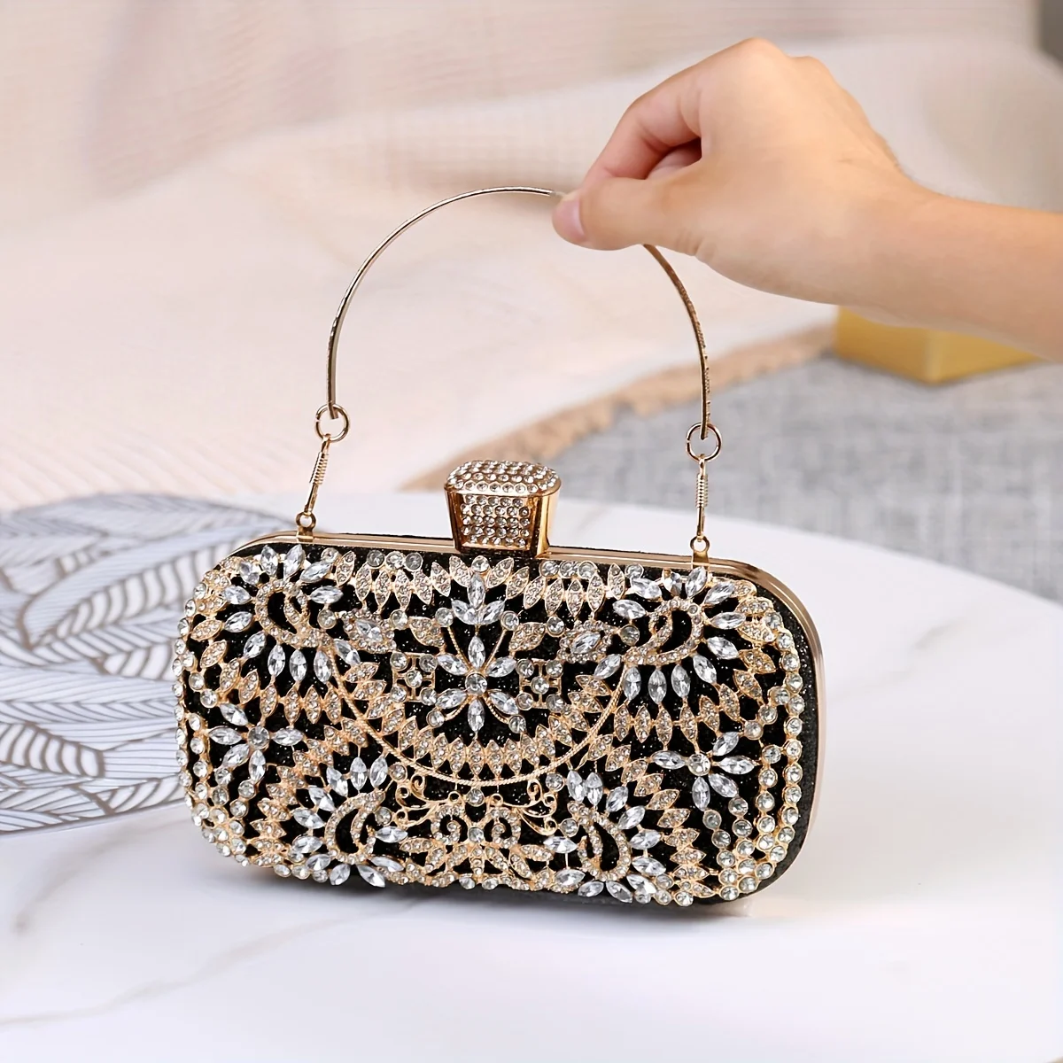 Shiny Rhinestone Evening Bag, Floral Type Decor Crossbody Bag With Chain, Perfect Cutch For Party, Wedding And Banquet For Carna