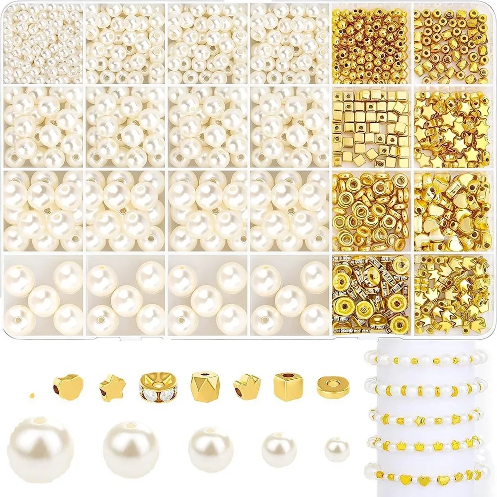 1890pcs Round Shape Pearl Beads Set with Gold Beads 4/6/8/10/12mm Size Jewelry Making Beads White DIY Bracelet Beads