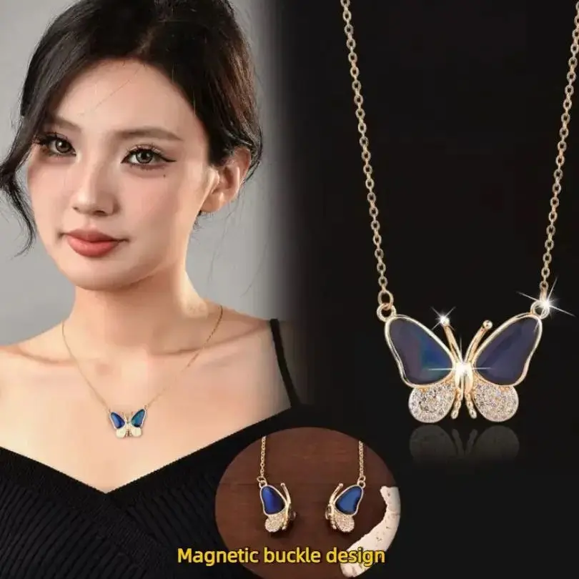 Color Changing Butterfly Necklace Magnetic Clasp Gold Plated Temperature Sensitive Pendant Hypoallergenic Couple Jewelry Gift