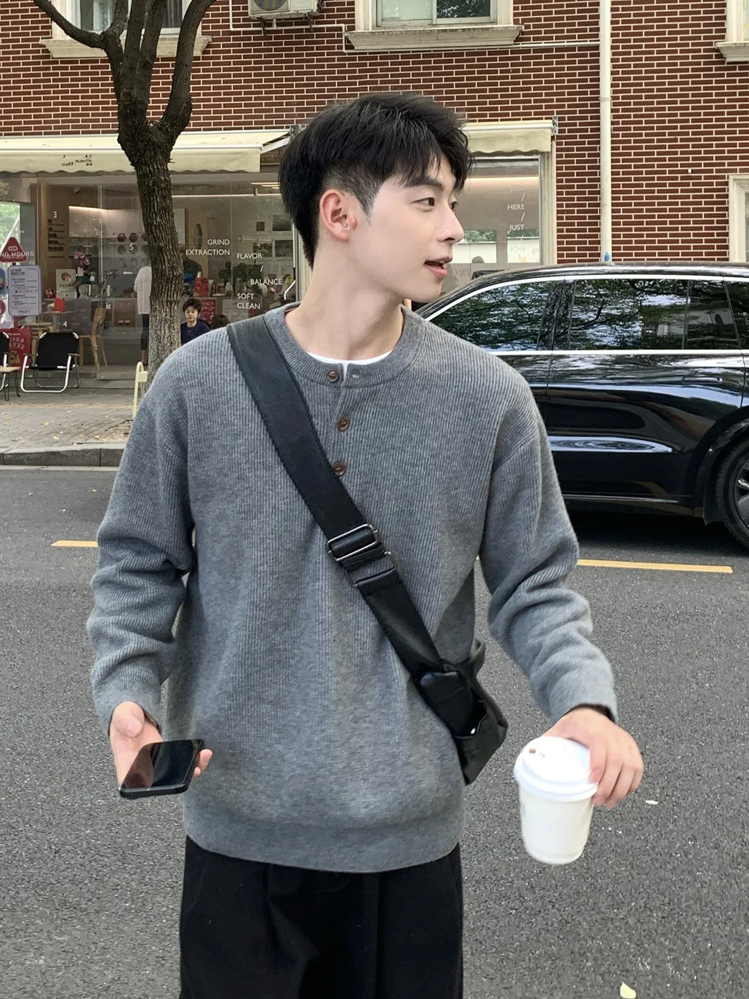 

Серый утолщенный свитер с воротником Хенли, свободный мужской трикотажный топ для осени и зимы, удобный, мягкий, с длинным рукавом