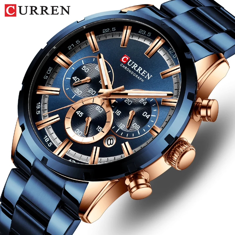 Curren Men\'s Watch Blue Dial Stainless Steel Band Date Mens Business Male Watches Waterproof Luxuries Men Wrist Watches for Men