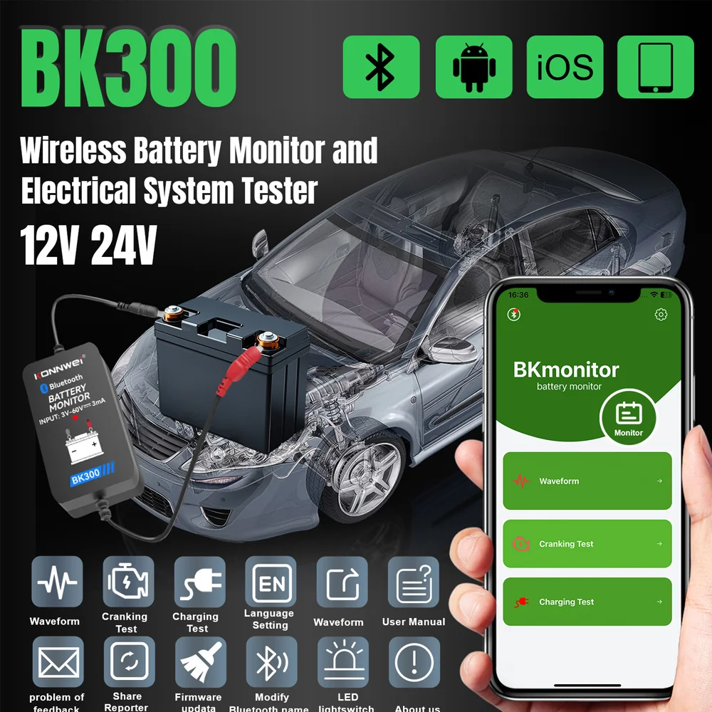 2026 KONNWEI BK300 Blue-tooth for Car Truck Starting Battery Multi-Function Auto Battery Monitor 6/12/24V Battery Health Monitor