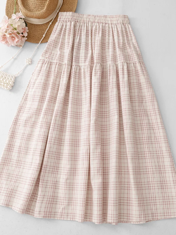 

Korean Japanese High End Thin Pink Plaid Half Skirt Women's Summer Splicing Bubble Cotton Skirt A-Line Midi Skirt for Casual ...