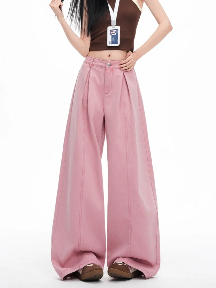 

Women's Pink Folds Wide Leg Jeans 2026 Korean Fashion New High Waist Loose Casual Denim Trousers Streetwear Y2k