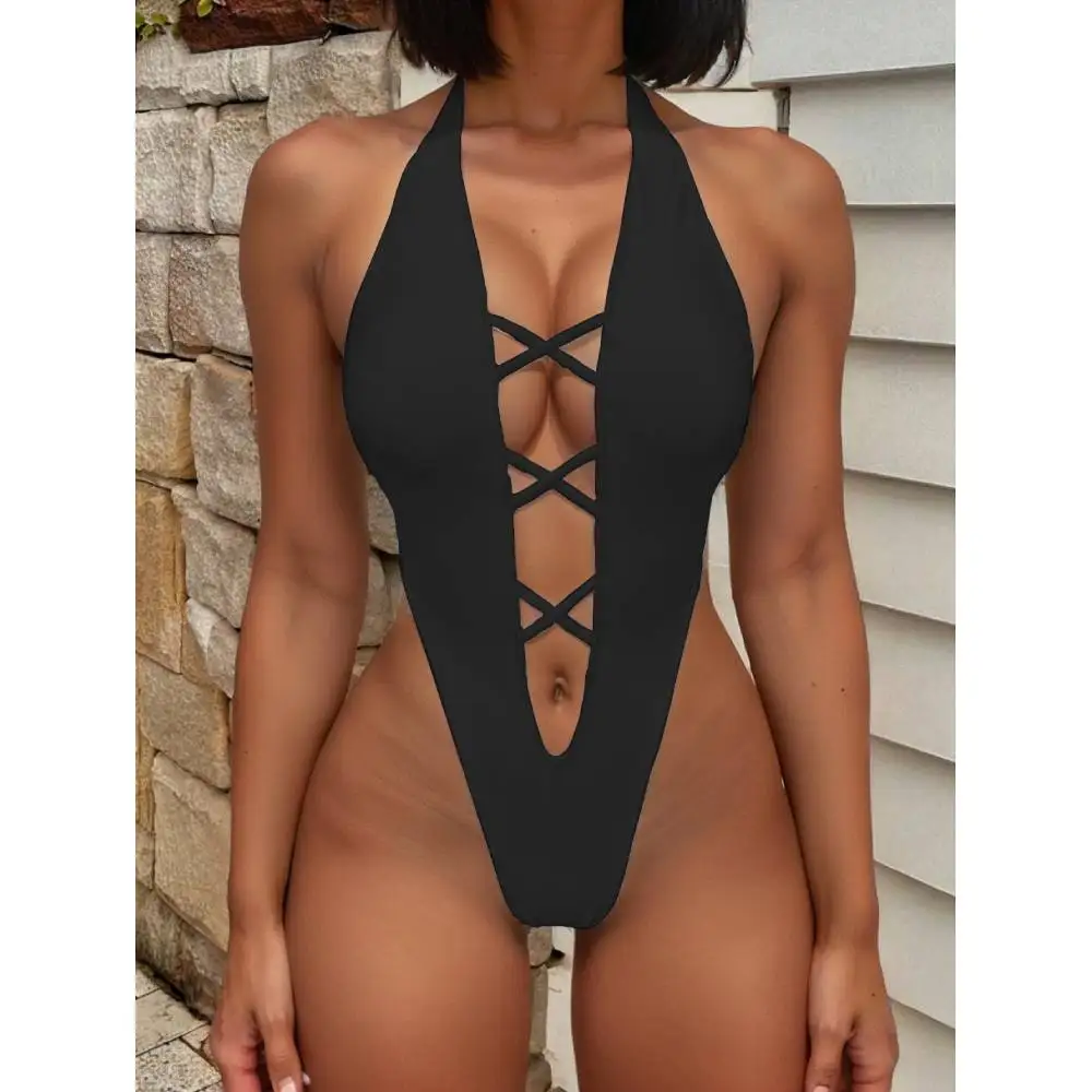 Cikini Summer Beach Women Cold Shoulder Hollow Out Halter Sexy Swimwear One-Piece Beachwear