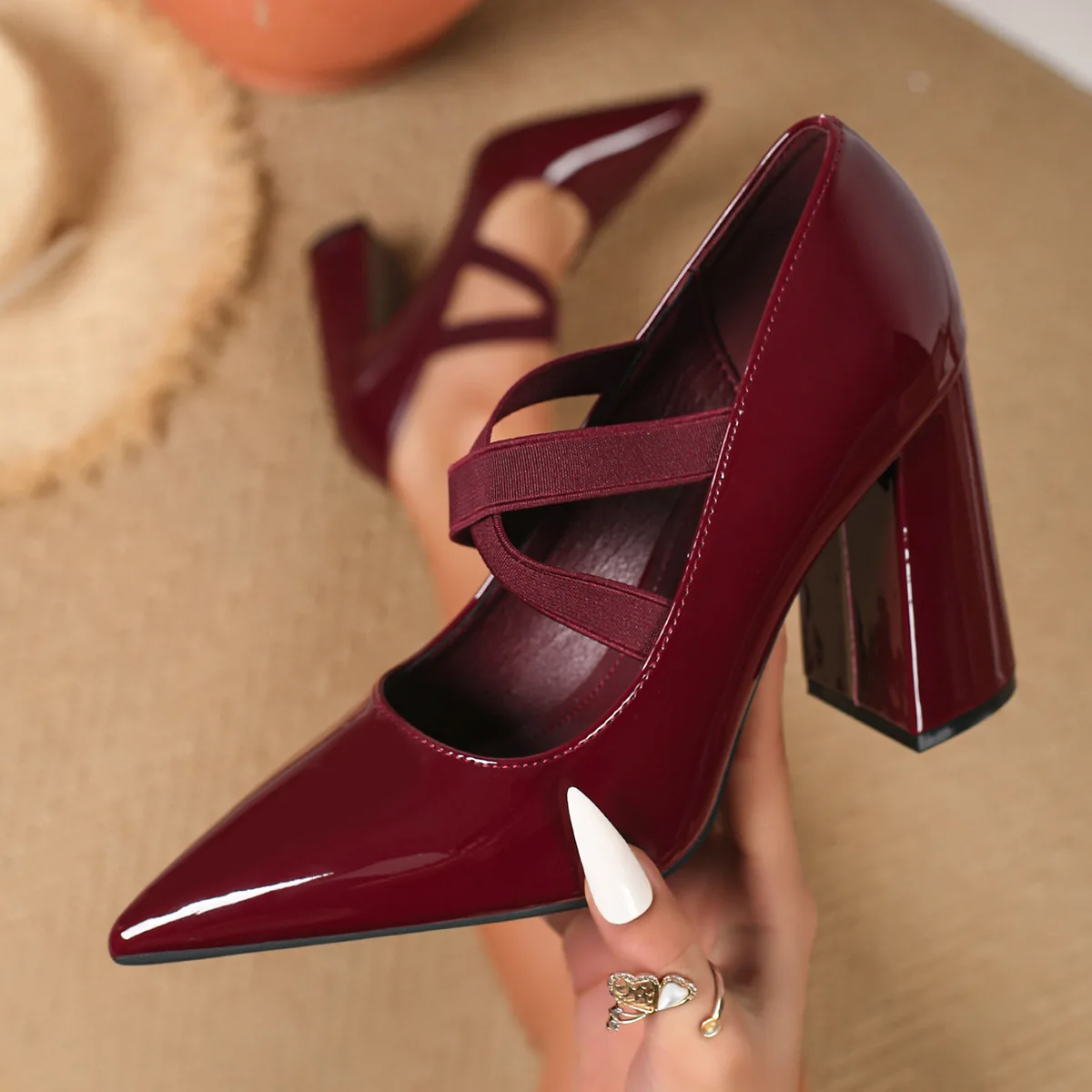

New Sexy Pointed Toe High Heels Party Single Shoes Buckle Thick Heel Shiny Cross Strap Women's Shoes Fashionable Casual Footwear