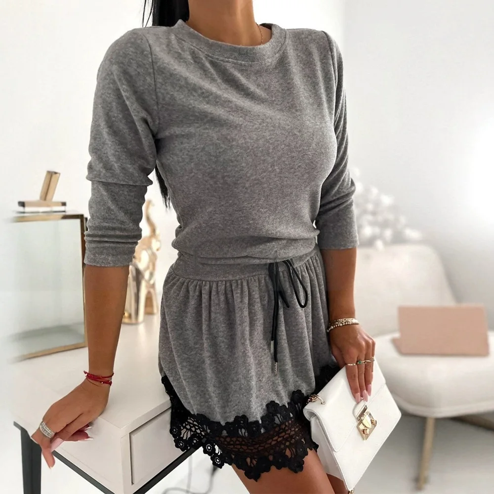 

Bodycon Dress Women Latest Crewneck Drawstring Waist Casual Round Neck Lace Mini Dresses Tight Short Skirt 2025 Autumn Winter