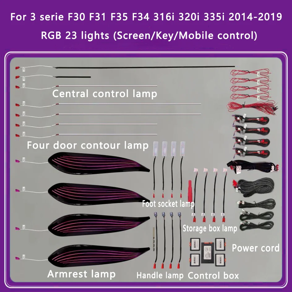 Ouchuangbo Umgebungslampe für 3er-Serie F30 F31 F35 F34 F80 316i 320i 335i LED-Innenraum Neon-Stimmungsbeleuchtung Autodekoration 256 Farben 5