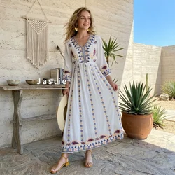 Jastie 2025 Spring Autumn Women Dress Loose Casual Beach Dresses Floral Embroidered Maxi Dress Boho Ruffle Hem Female Vestidos