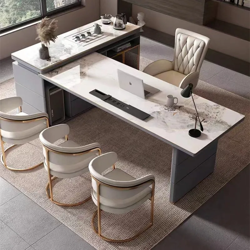 Light luxury desk tea table integrated rock slab multi-function modern boss simple corner home desk computer table