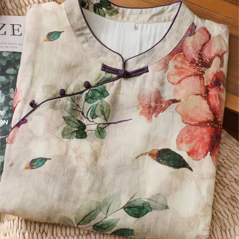 Women's Cotton and Linen Shirt, Chinese-Style Printed Stand Collar Short Sleeve Shirt Top