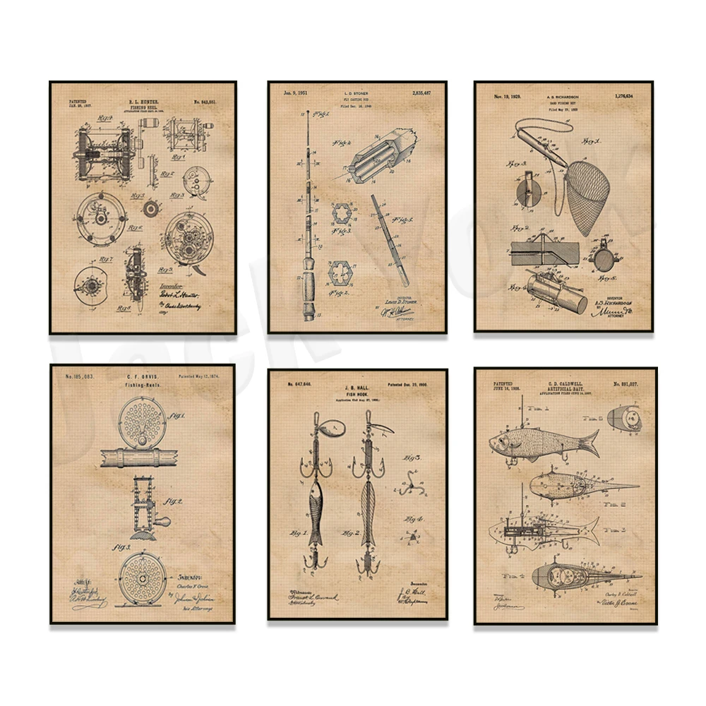 Vintage Fishing Poster, Fishing Rod Reel Patent Print, Man Cave Garage Bait Shop River Creek Lake Decoration, Fisherman Gifts