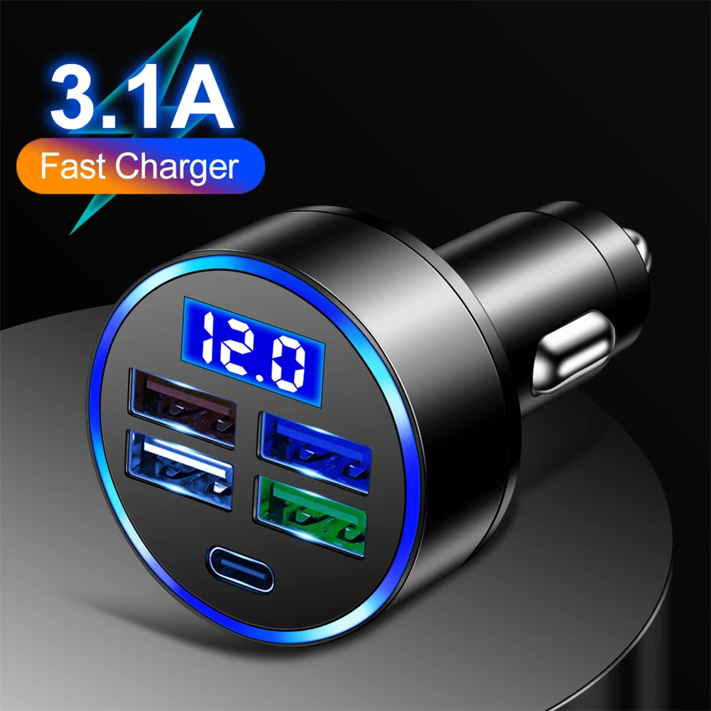 15.5W 4USB Car Charger Type-C Digital Display Car Power Charger 5V 3.1A With Voltage Detection Multi-port Car Power Adapter