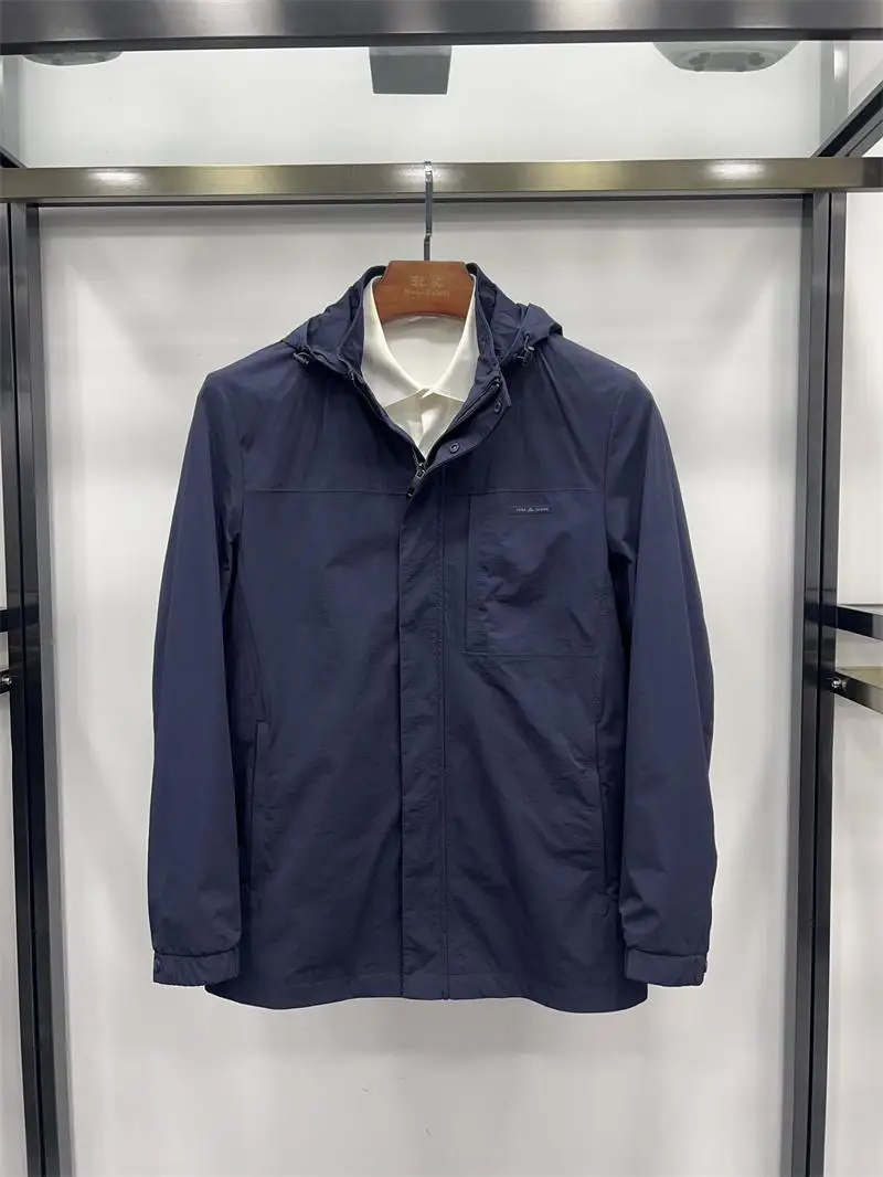 

Non-Saints Spring New Men's Thin Casual Parka Jaet Blue Unremovable Cap Busin Casual Long Sve Stand Fit Nylon Poly...