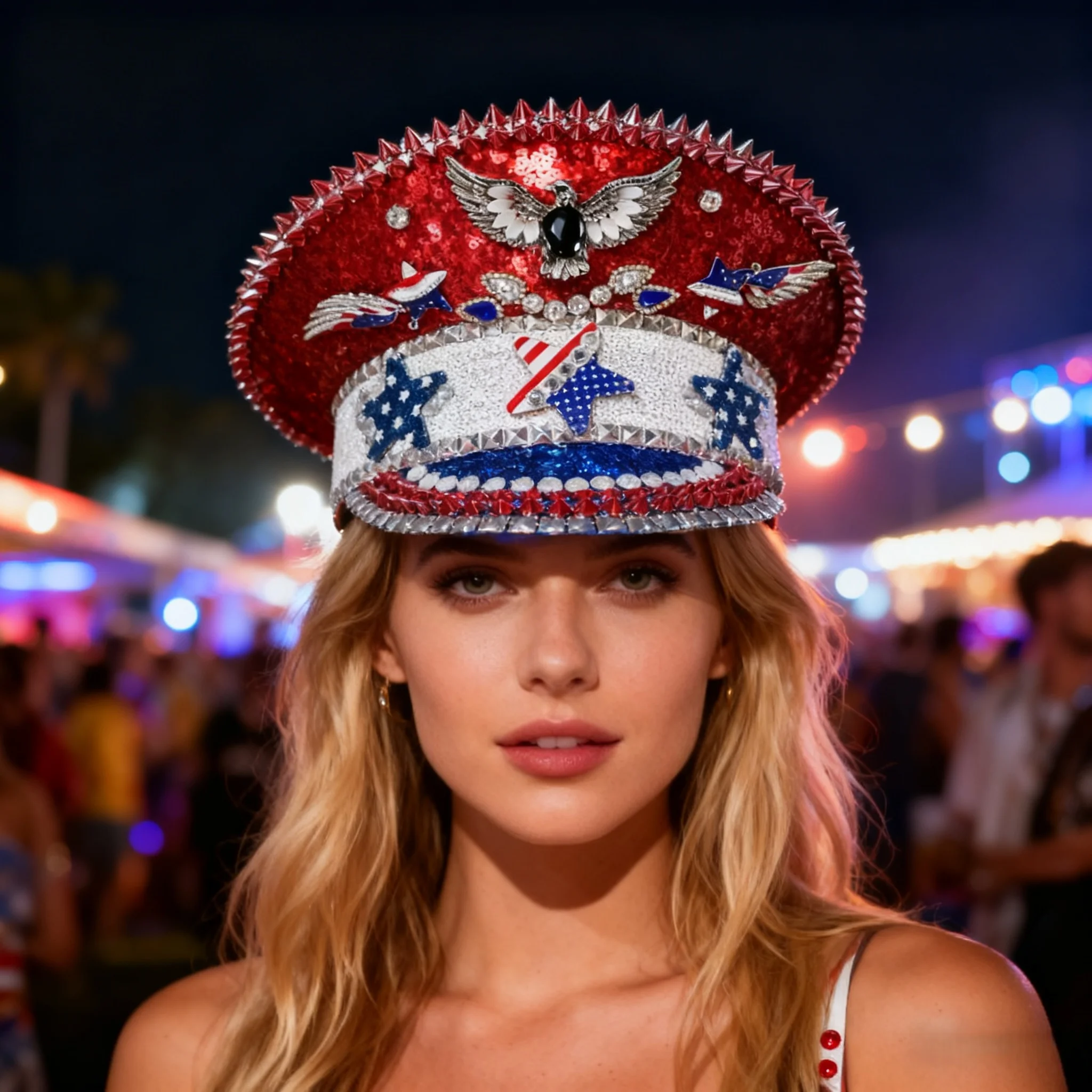 HongLuan Yellow Laser Leather Loop Captain Hat Rhinestone & Military Caps for Woman, Rave Festivals Accessories ＆ Party Cap Man