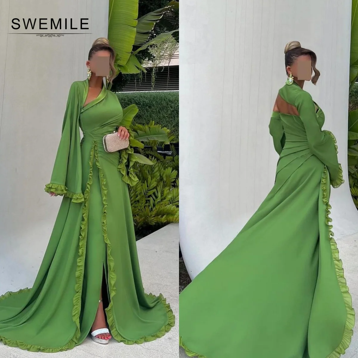 SWEMILE Green A-Line Hollow Out Sweep Train Chiffon Zipper Up Long Sleeves Dresses For Prom Evening Party Dress Vestidos De Fies