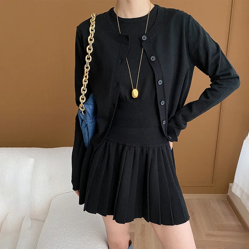 Elegant Women Mini Skirt Suits Autumn Long-sleeved Cardigan Slim Short Sleeve Knitted Cropped Tops and Waisted Pleated Skirt Set