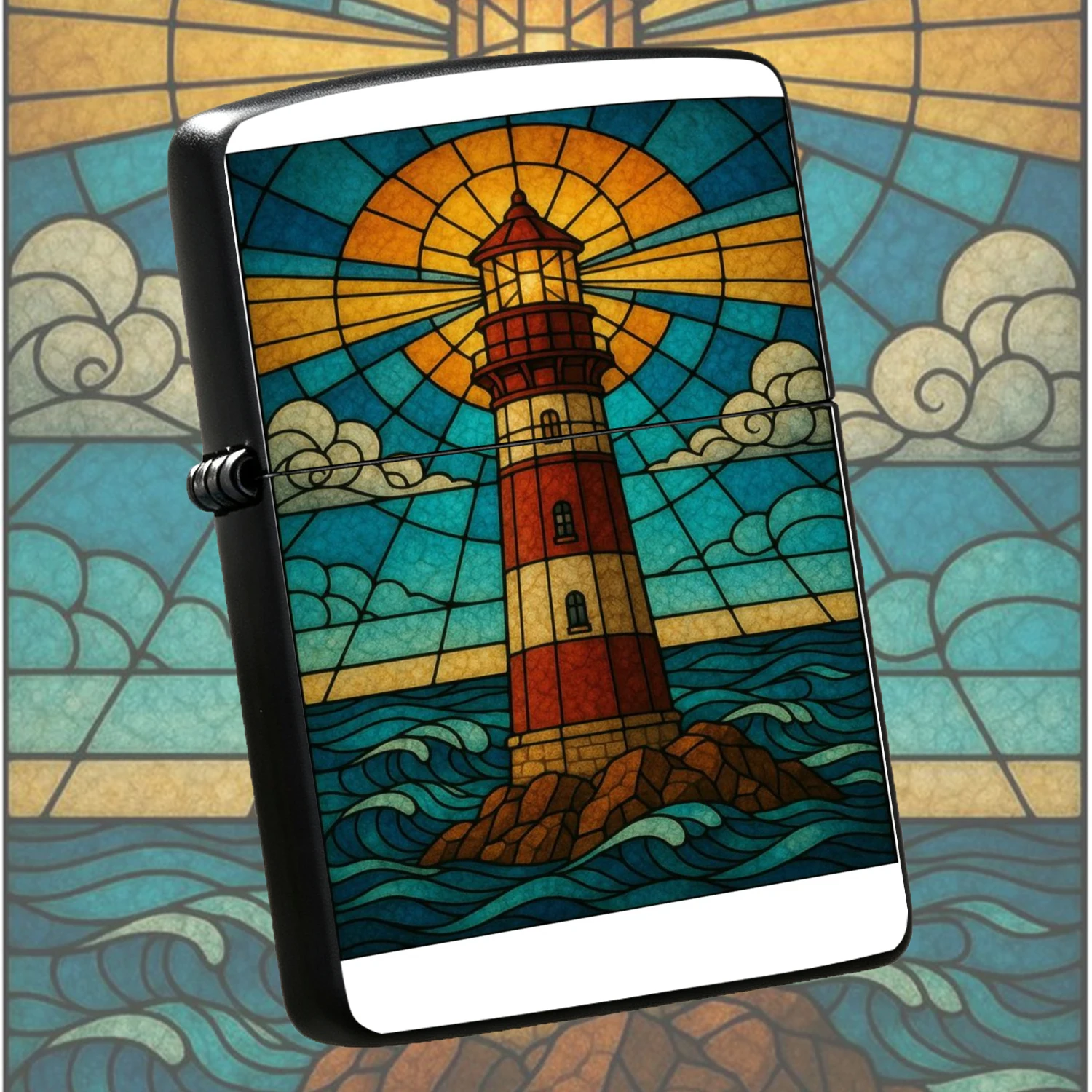 Vintage Stained Glass Lighthouse Design  Windproof Durable Sturdy Body Hand Drawn Art Nautical Themed Decor Ideal For Daily Use Outdoor Camping Gifting Collecting Unique Printed  Accessory A Fun And Humorous Lighter