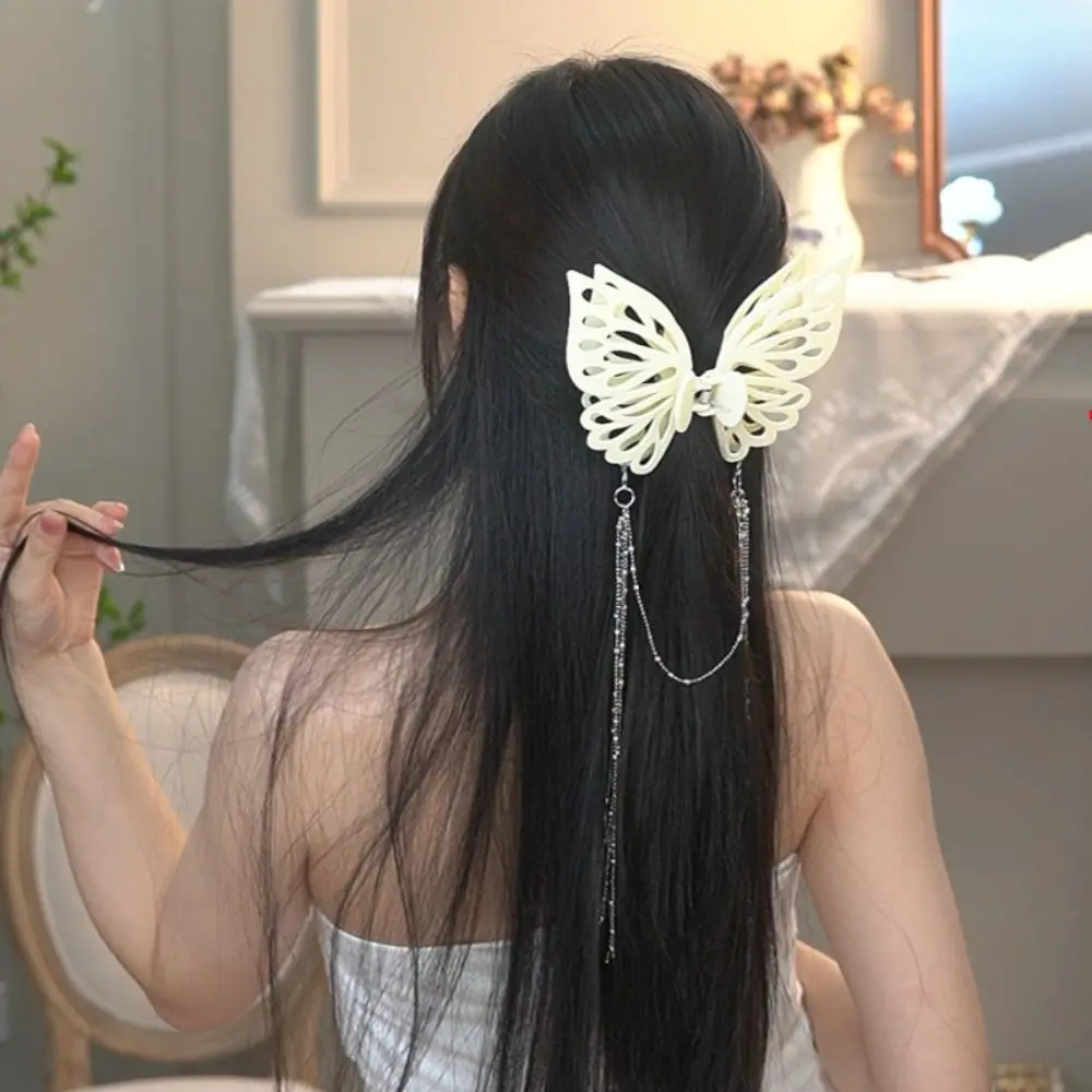 New Oversized Hollow Butterfly Tassel Chain Hair Grab Clip Shark Clip Hair Accessories Claw Clip For Women