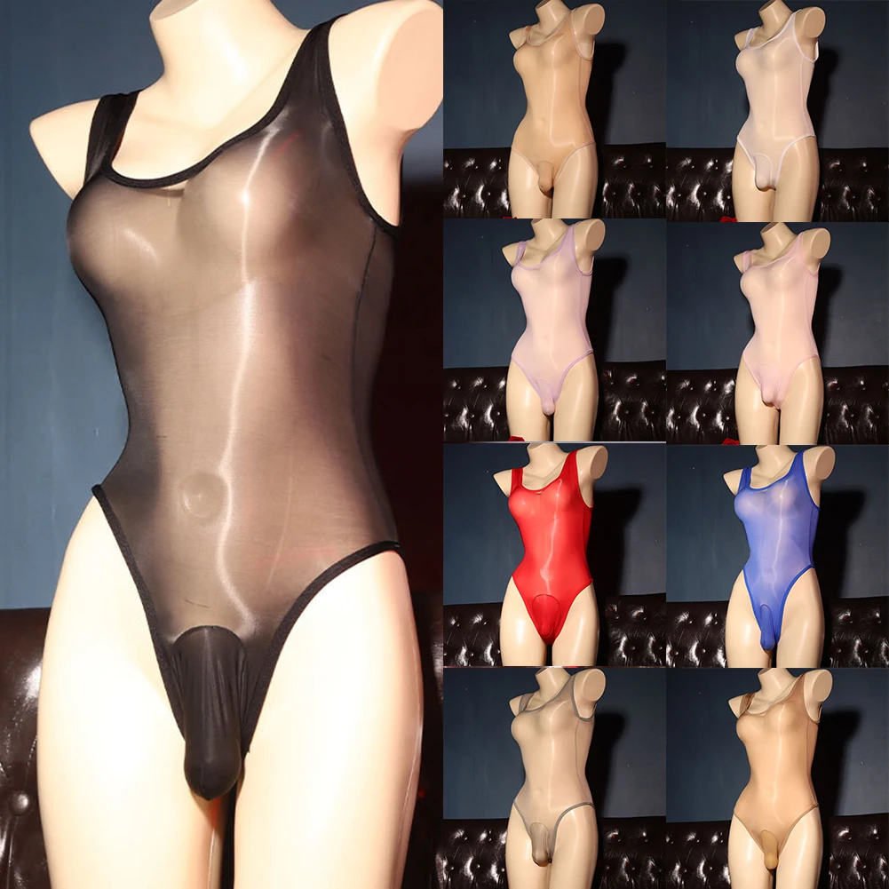 Mens Sexy Glossy Swimsuit Leotard Sleeveless Fitness Singlet Jumpsuit Bodysuit Pouch Panties See Through Slim Tights Nightwear