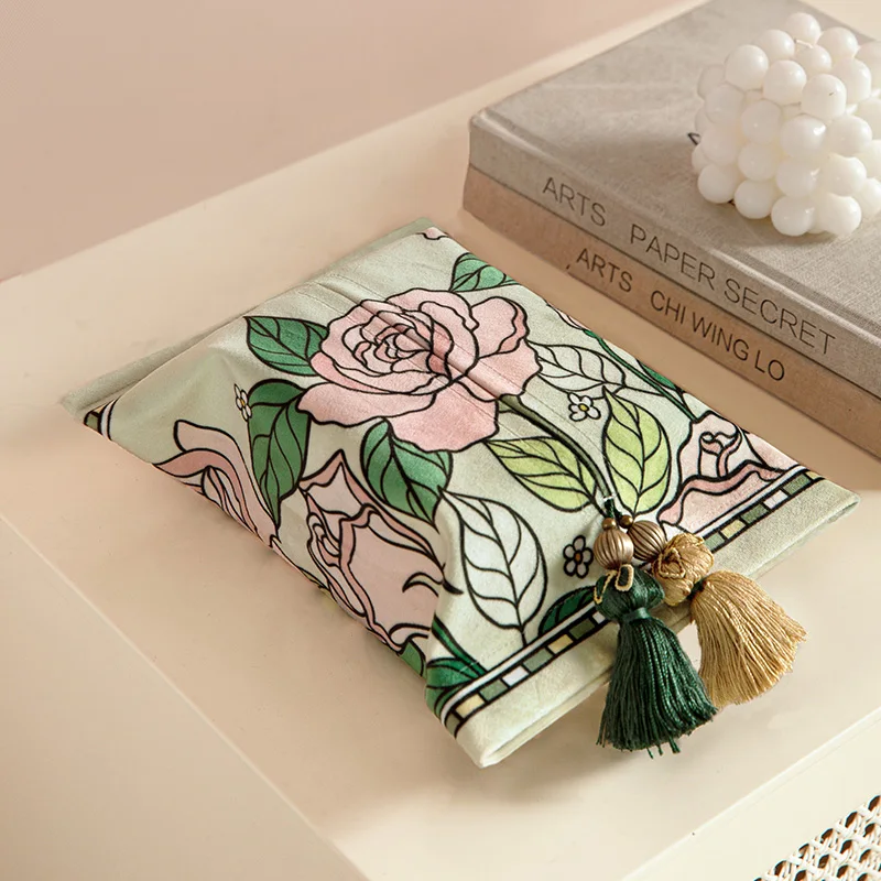 Flower Rose Tissue Case With Tissel Decorative Car Tissue Bag Creative Tissue Box Toilet Household Fabric  Kleenex Box Holder