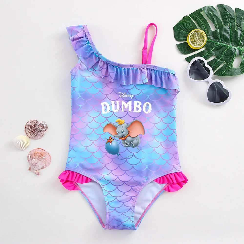 Dumbo Girls Swimsuit Mermaid Fish Scale One-Piece Bathing Suits Children's Dresses Summer Swimwear Beach Suit Kids Wear