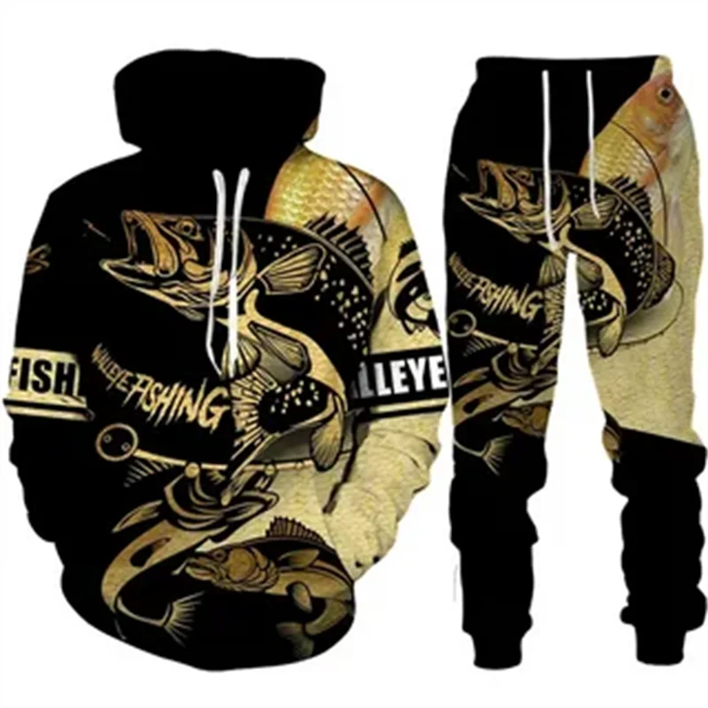 Set Hoodie ikan hewan antik pria, baju berolahraga pakaian jalanan nyaman ukuran besar cetak 3D kasual