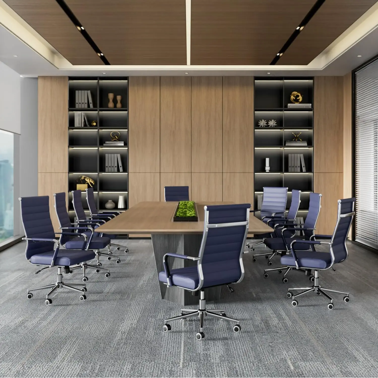 Navy Blue Office Desk Chair, Ergonomic Leather Modern Conference Room Chairs, Executive Ribbed Height, Customized