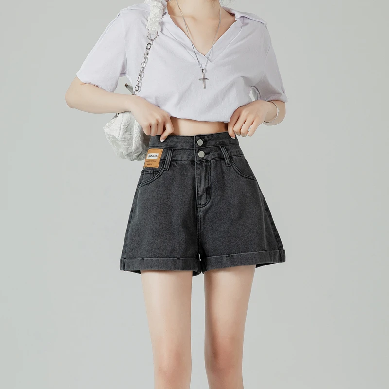 Grey High Waist Denim Shorts Women Summer Thin Loose Slim A-Line Cuffed Super Short Hot Pants Vintage Style Spring Summer